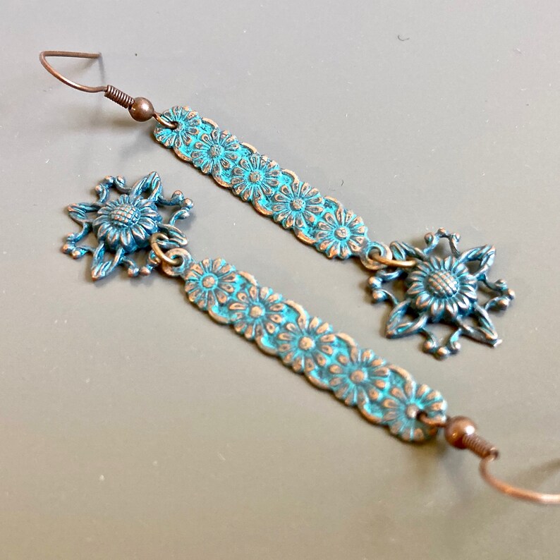 Flower Drop Earrings Patina Earrings, Copper and Turquoise, Long Earrings, Lightweight Earrings, Gift for Friend, Gift for Womanl image 4