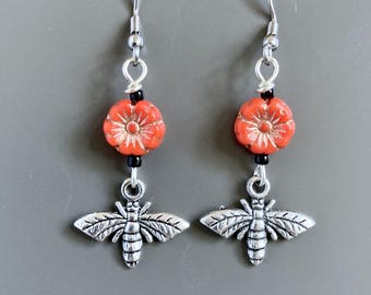 Bee Earrings - Bee Jewelry, Honeybee, Bumblebee, Nature Jewelry, Flower Earrings, Botanical Jewelry, Orange, Garden Gift, Floral, Woman Gift