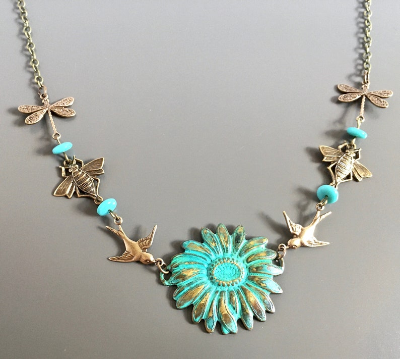 Dragonfly Necklace Sunflower Garden Necklace Bee Necklace Botanical Jewelry Flower Necklace Gift for Gardener Bird Necklace