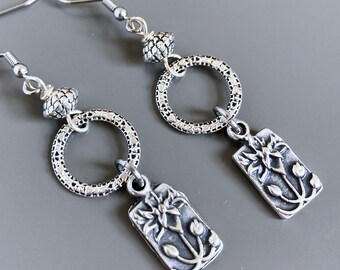 Silver Lotus Earrings - Embossed, Flower Earrings, Botanical Earrings, Floral Jewelry, Gift for Woman, Teacher Gift, Co-worker Gift