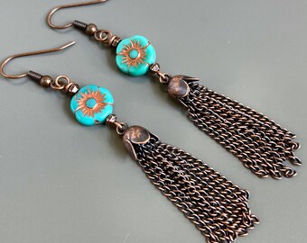 Long Tassel Earrings - Tassel Jewelry, Turquoise and Copper Earrings, Long Earrings, Chain Tassel Earrings, Shoulder Duster Earrings