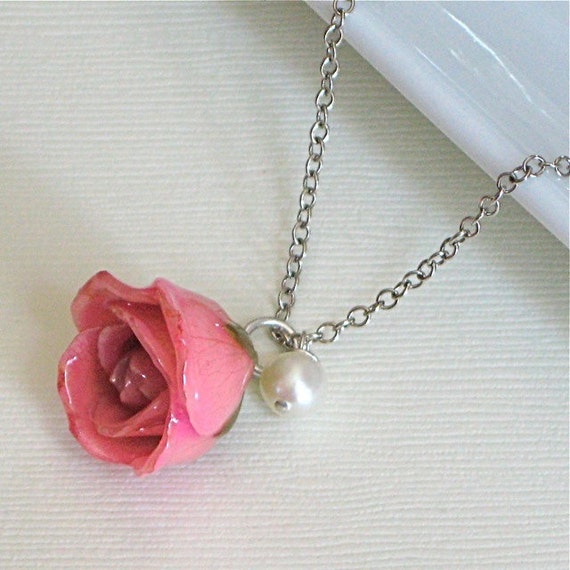 Real Rosebud Necklace Pink Rose Necklace Preserved Flower | Etsy
