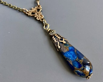 Blue Jasper Necklace - Teardrop Necklace, Blue and Gold, Gift for Woman, Birthday Gift, Wife Gift, Girlfriend Gift
