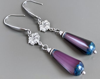 Purple Teardrop Earrings - Silver Earrings, Czech Glass Earrings, Gift for Woman, Wife Gift, Birthday, Graduation