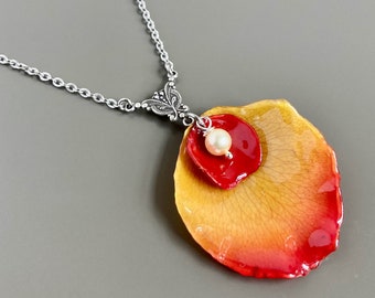 Real Rose Petal Necklace - Yellow Red, Real Flower Jewelry, Botanical Jewelry, Rose Necklace, Floral Jewelry, Birthday Gift, Valentine Gift