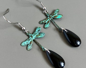 Patina Dragonfly Earrings - Black Teardrop, Verdigris, Small Dragonfly, Dragonfly Jewelry, Nature Jewelry, Garden Jewelry, Gift for Woman