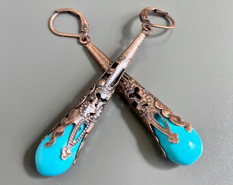 Turquoise Trumpet Earrings - Copper Filigree Earrings, Long Earrings, Boho Earrings, Lightweight Earrings, Gift for Woman, Birthday Gift