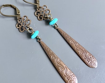 Long Brass Earrings - Patterned Brass Earrings, Teardrop Earrings, Embossed, Lightweight Earrings, Gift for Woman, Friend Gift, Wife Gift