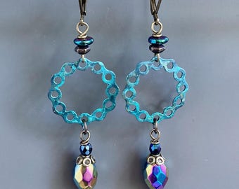 Peacock Hoop Earrings - Patina, Iridescent, Purple, Dangly, Patina Earrings, Lightweight, Sparkly, Gift for Woman, Wife Gift, Party Earrings