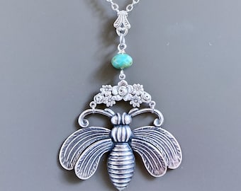 Large Bee Necklace - Floral Jewelry, Botanical Jewelry, Czech Turquoise, Garden Necklace, Flower Necklace, Nature Jewelry, Garden Jewelry