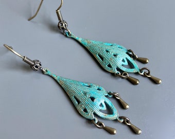 Pendientes de araña - Pendientes Verdigris Patina, Pendientes ligeros, Pendientes colgantes, Regalo para mujer, Pendientes de filigrana, Regalo de esposa, Amiga