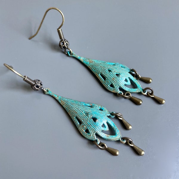 Chandelier Earrings - Verdigris Patina Earrings, Lightweight Earrings, Dangly Earrings, Gift for Woman, Filigree Earrings, Wife Gift, Friend