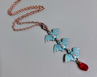 Small Bat Necklace - Bat Jewelry, Halloween Jewelry, Bird Jewelry, Patina Necklace, Nature Jewelry, Turquoise and Red