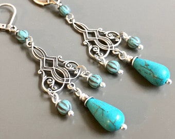 Turquoise and Silver Chandelier Earrings - Turquoise Earrings, Long Earrings, Lightweight Earrings, Gift for Woman, Dressy Earrings