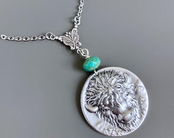 Bison Necklace - Buffalo Necklace, Silver,  Animal Jewelry, Nature Jewelry, Southwest Jewelry, Turquoise and Silver, Gift for Woman,