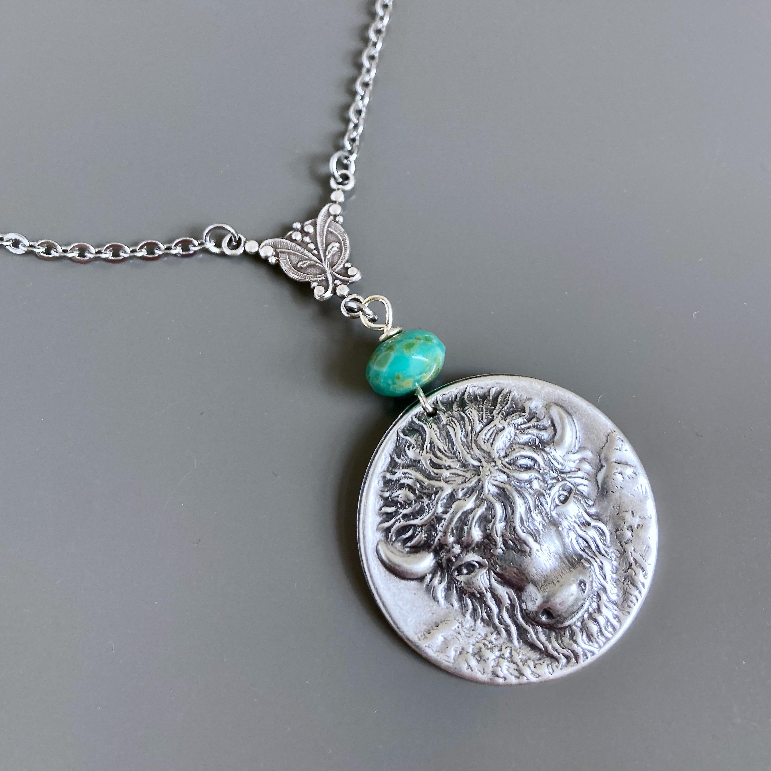 Bison Necklace - Buffalo Necklace, Silver,  Animal Jewelry, Nature Jewelry, Southwest Jewelry, Turquoise and Silver, Gift for Woman,