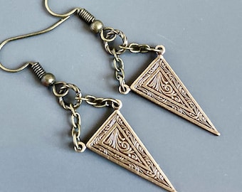 Brass Triangle Art Deco Earrings - Embossed, Lightweight Earrings, Boho Earrings, Geometric, Friend Gift, Gift for Woman