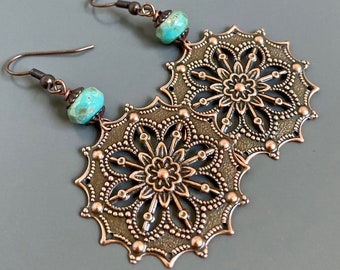 Copper Filigree Earrings - Large Earrings, Long Earrings, Big Earrings, Lightweight Earrings, Turquoise Earrings, Gift for Woman