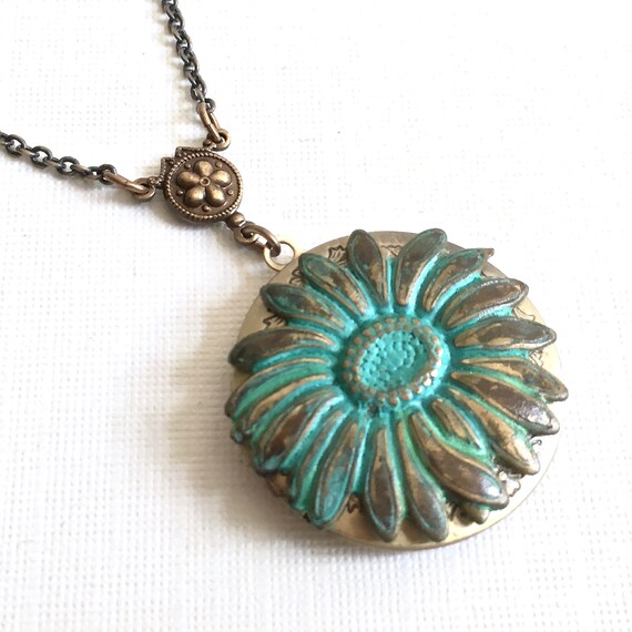 Sunflower Locket Necklace Patina Flower Jewelry Nature Etsy