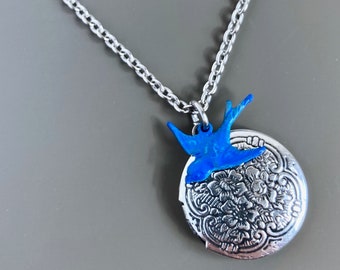 Blue Bird Locket Necklace - Small Locket Necklace, Silver Locket, Keepsake Necklace, Gift for Woman, Birthday, Graduation, Anniversary