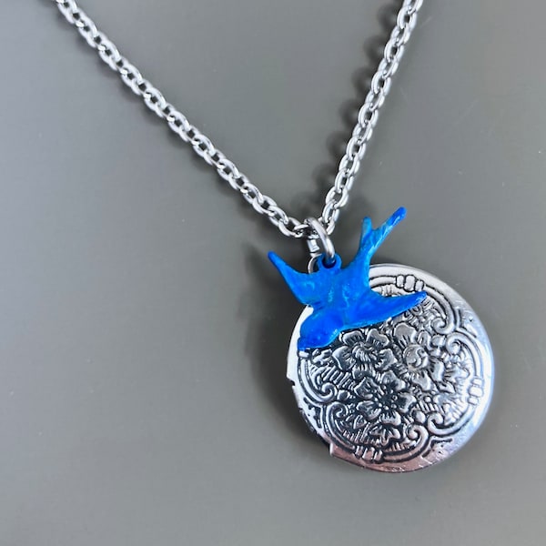 Blue Bird Locket Necklace - Small Locket Necklace, Silver Locket, Keepsake Necklace, Gift for Woman, Birthday, Graduation, Anniversary