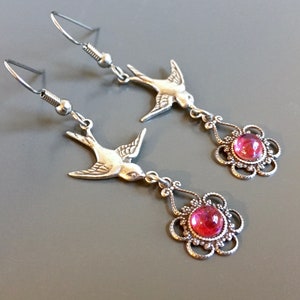 Silver Bird Earrings - Dragons Breath Glass Opals, Filigree Earrings, Bird Jewelry, Nature Jewelry