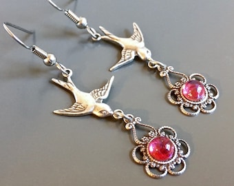 Silver Bird Earrings - Dragons Breath Glass Opals, Filigree Earrings, Bird Jewelry, Nature Jewelry