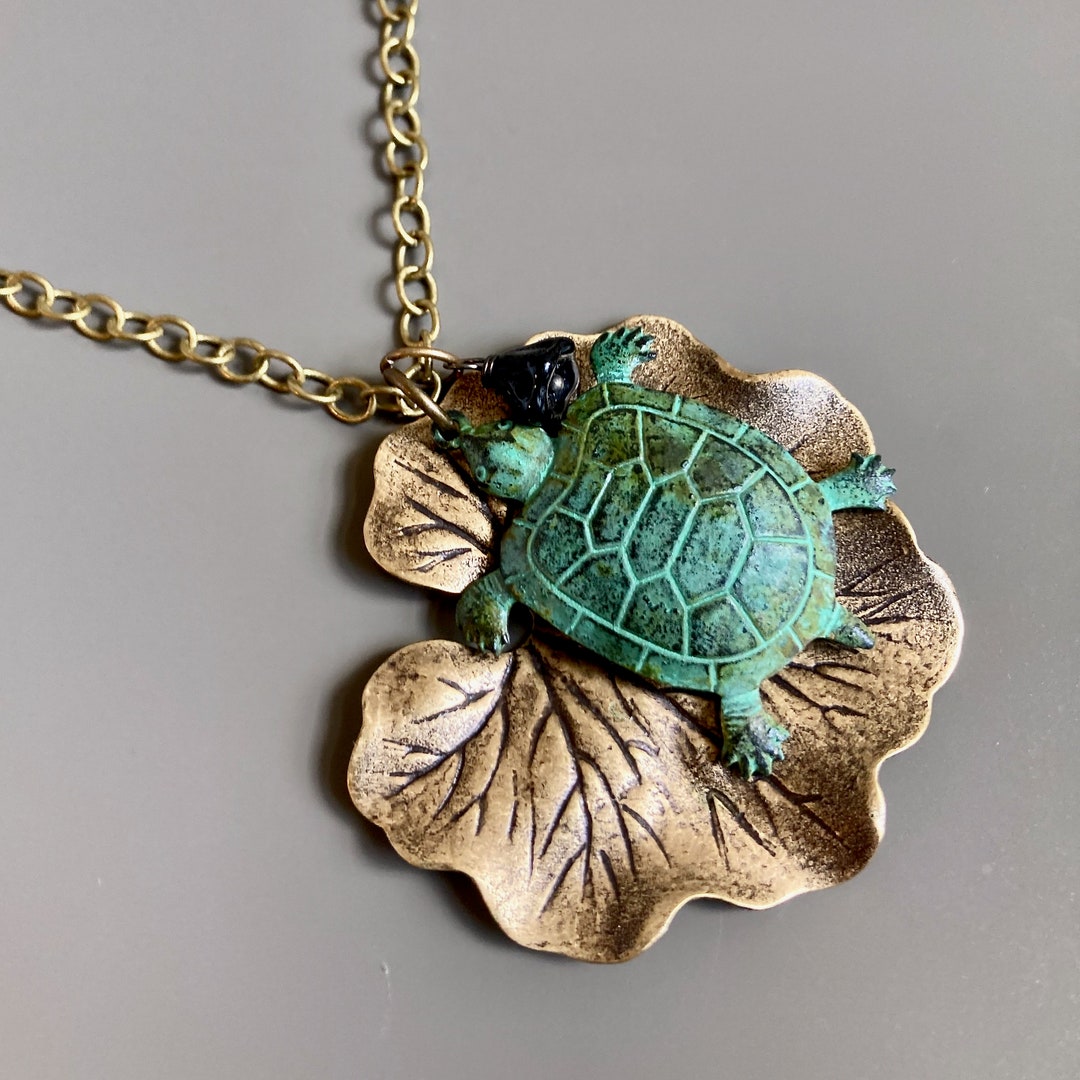 Large Turtle Lily Pad Necklace Patina Jewelry, Leaf Jewelry, Nature