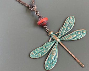 Patina Dragonfly Necklace - Dragonfly Jewelry, Nature Jewelry, Gift for Woman, Dragonfly Gift, Copper and Turquoise Necklace, Nature Gift