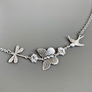 Silver Garden Necklace -  Small Bird Necklace, Dragonfly Necklace, Butterfly Necklace, Nature Jewelry, Botanical Jewelry, Christmas Gift