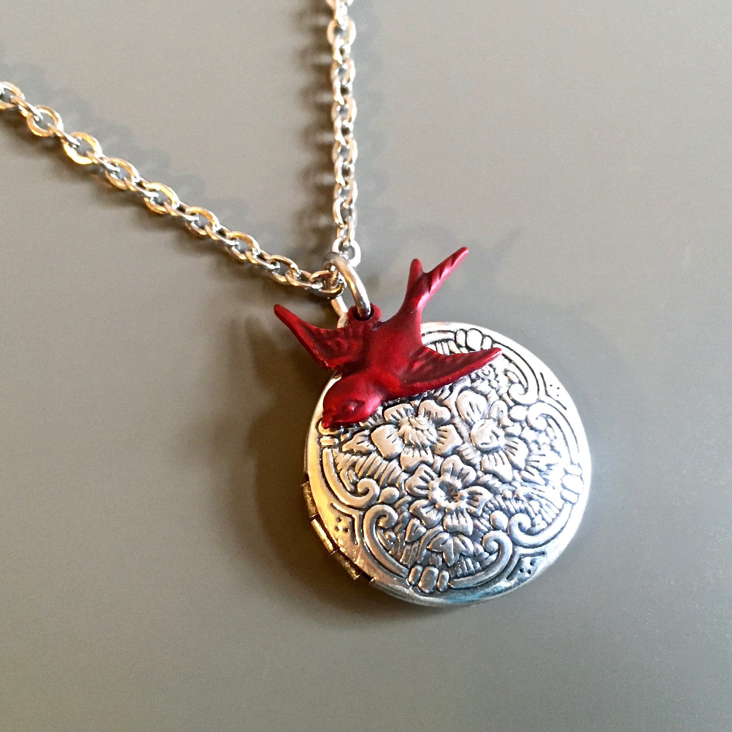 Red Bird Locket Necklace, Silver Locket, Small Locket, Cardinal, Keep…