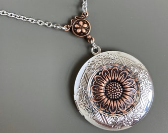 Sunflower Locket Necklace - Mixed Metal, Flower Jewelry, Nature Jewelry, Floral Jewelry, Botanical Jewelry, Keepsake Necklace, Silver Copper