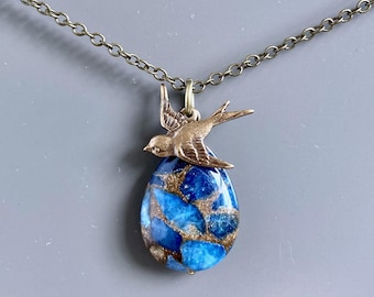 Blue Jasper Teardrop Bird Necklace – Minimalist Gemstone Jewelry