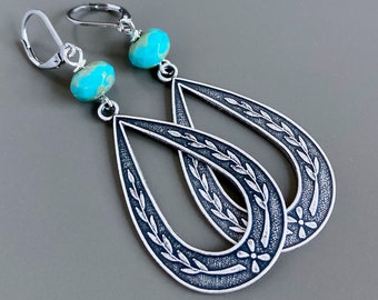 Pendientes de aro grandes de plata: pendientes de lágrima, estilo bohemio, pendientes de turquesa, pendientes de hoja, pendientes grandes, regalo para mujer, regalo de San Valentín