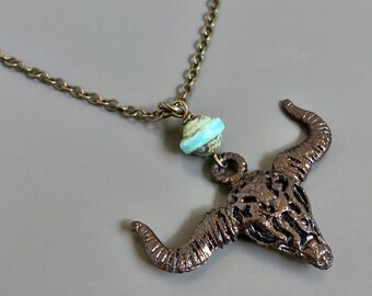 Rustic Longhorn Necklace - Cow, Bull, Texas, Western Jewelry, Rodeo Jewelry, Skull Necklace, Gift for Woman, Birthday, Czech Turquoise