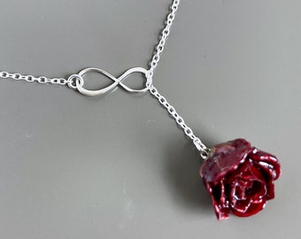 Collar De Rosa Burdeos Infinity Lariat - Collar de Rosa Real, Collar de Flores Reales, Collar infinito, Plata de ley, Regalo para mujer
