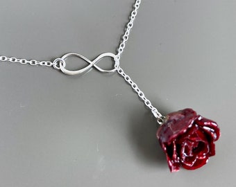 Burgundy Rosebud Infinity Lariat Necklace - Real Rose Necklace, Real Flower Necklace, Infinity Necklace, Sterling Silver, Gift for Woman