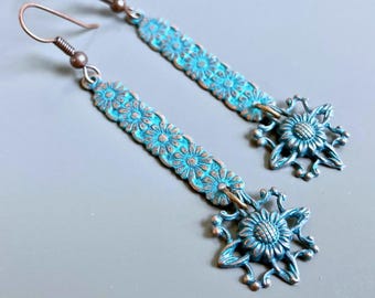 Flower Drop Earrings -  Patina Earrings, Copper and Turquoise, Long Earrings, Lightweight Earrings, Gift for Friend, Gift for Womanl