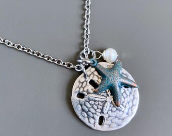 Silver Sand Dollar Necklace -  Starfish Necklace, Ocean Jewelry, Beach Jewelry, Beach Wedding, Gift for Woman, Beach Gift, Gift for Friend