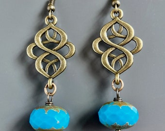Czech Turquoise Earrings - Glass Earrings, Swirl Earrings, Blue, Dangly, Long Earrings, Gift for Woman, Friend Gift, Birthday