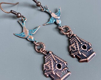 Orecchini Patina Bird Birdhouse - Rame verde acqua, Gioielli con uccelli, Gioielli naturali, Turchese, Acquamarina, Regalo con uccelli, Regalo naturale, Regalo per donna