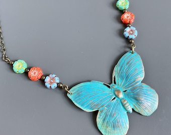 Large Butterfly Necklace - Verdigris Patina, Czech Glass Flower, Botanical Jewelry, Nature Jewelry, Butterfly Jewelry, Gift for Woman