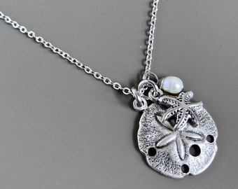 Small Sand Dollar Necklace -  Starfish Necklace, Silver Sand Dollar Necklace, Pearl Necklace, Ocean Jewelry, Beach Jewelry, Beach Wedding