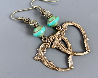 Heart Earrings - Turquoise Earrings, Czech Glass Earrings, Heart Jewelry, Brass Heart Earrings