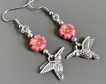 Silver Hummingbird Earrings - Bird Jewelry, Flower Earrings, Nature Jewelry, Pink Flower Earrings, Bird Gift, Nature Gift, Gift for Woman