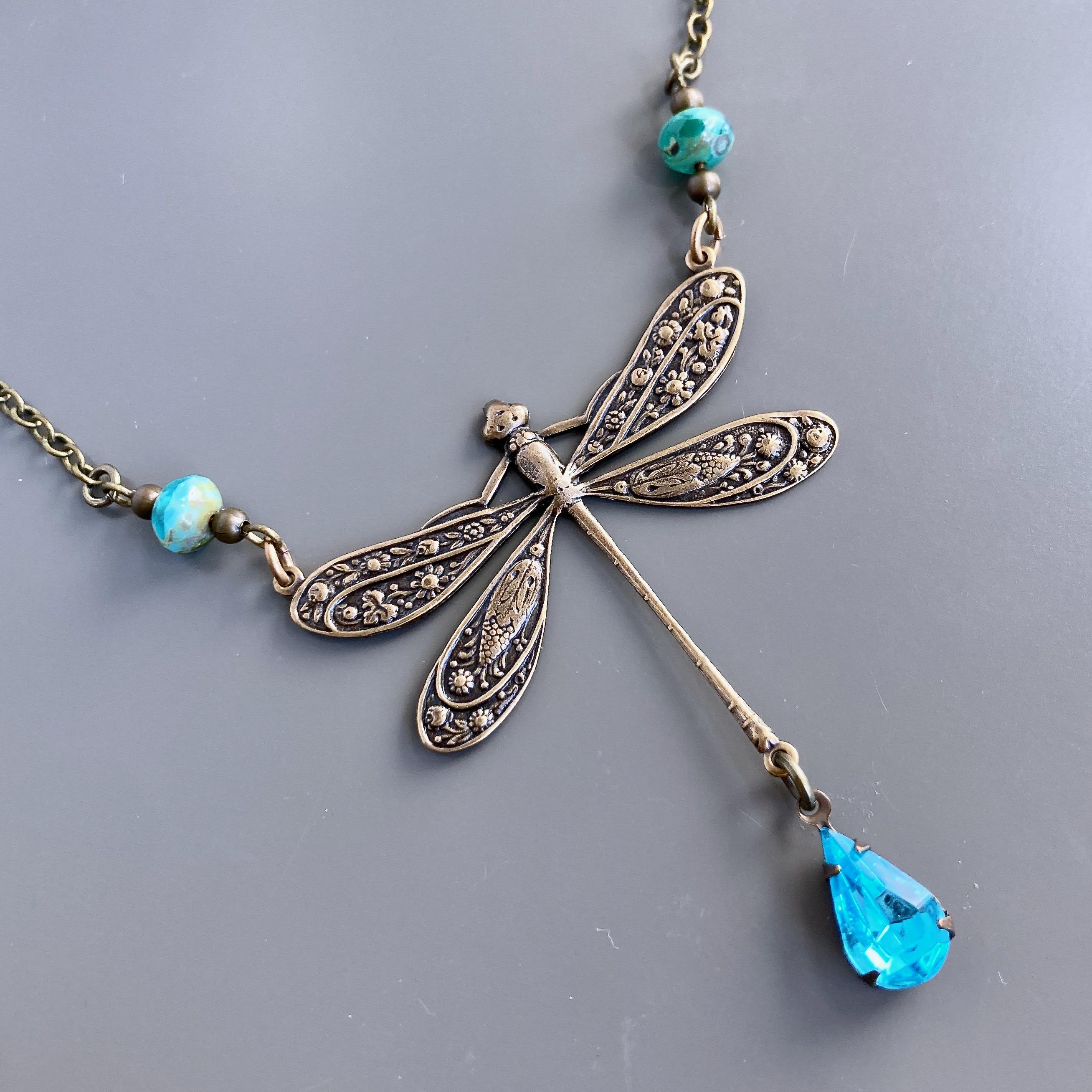 Dragonfly Necklace - Czech Aquamarine, Dragonfly Jewelry, Nature