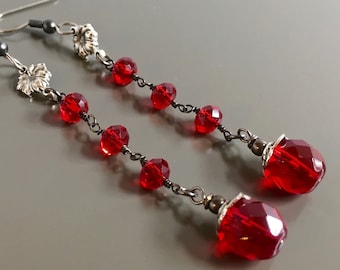 Red Crystal Earrings - Long Earrings, Long Earrings, Dark Red, Special Occasion Earrings, Fancy Earrings, Red and Silver Earrings, Dressy