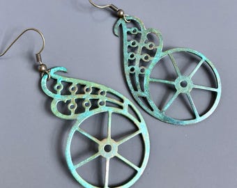 Spoke Earrings - Steampunk Earrings, Long Earrings, Lightweight Earrings, Patina Jewelry, Verdigris Earrings, Gift for Woman, Teen, Birthday