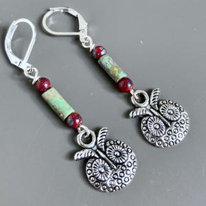 Owl Earrings - Silver, Turquoise and Red, Bird Earrings, Bird Jewelry, Nature Jewelry, Nature Gift, Gift for Woman, Birthday, Bird Gift