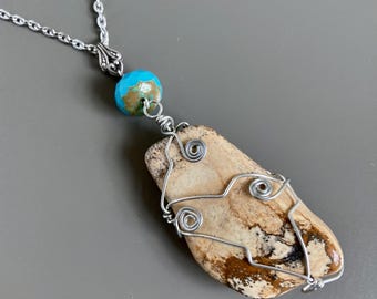 Collana Picture Jasper - Collana lunga con filo avvolto, collana importante, collana con pietre preziose, collana marrone chiaro, collana con ciondolo grande